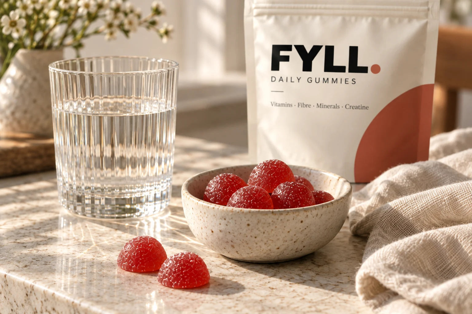 A quiet morning setting with FYLL concept gummies, a glass of water and natural linen