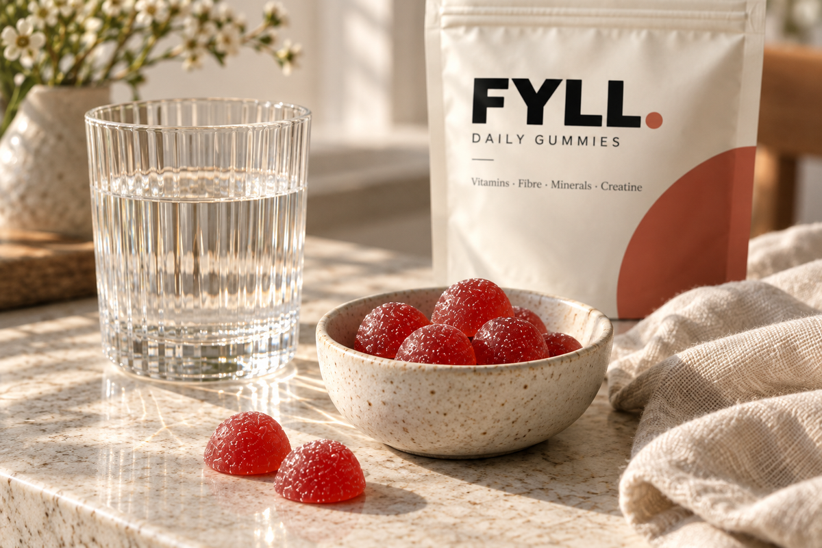 FYLL morning ritual concept: red gummies beside a ribbed glass of water, natural linen and an ivory FYLL pouch.